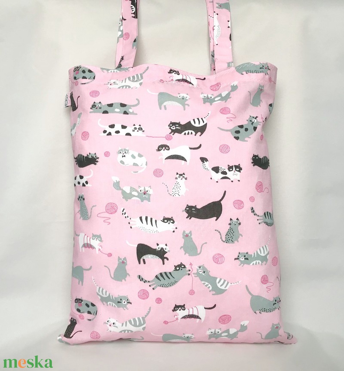 Gombolyagos Macskás Szatyor Rózsaszín - táska & tok - bevásárlás & shopper táska - shopper, textiltáska, szatyor - Meska.hu