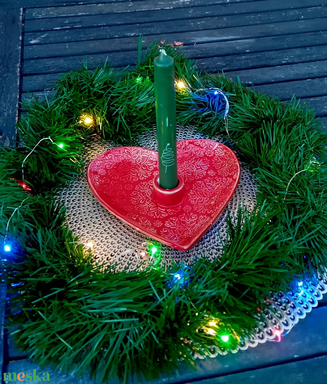 Szív alakú kerámia gyertyatartós tál, piros - karácsony - adventi díszek - adventi asztaldísz - Meska.hu