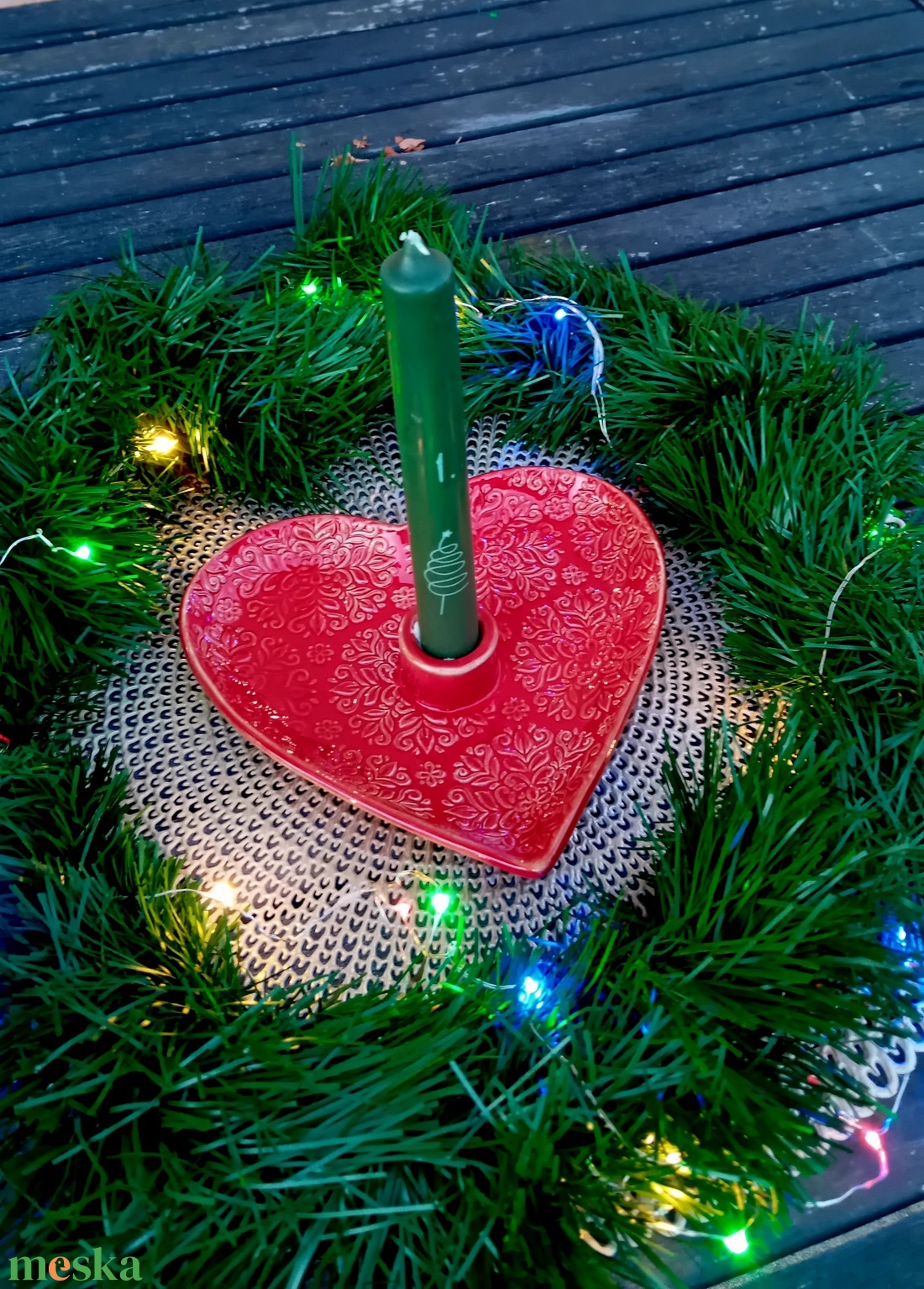 Szív alakú kerámia gyertyatartós tál, piros - karácsony - adventi díszek - adventi asztaldísz - Meska.hu