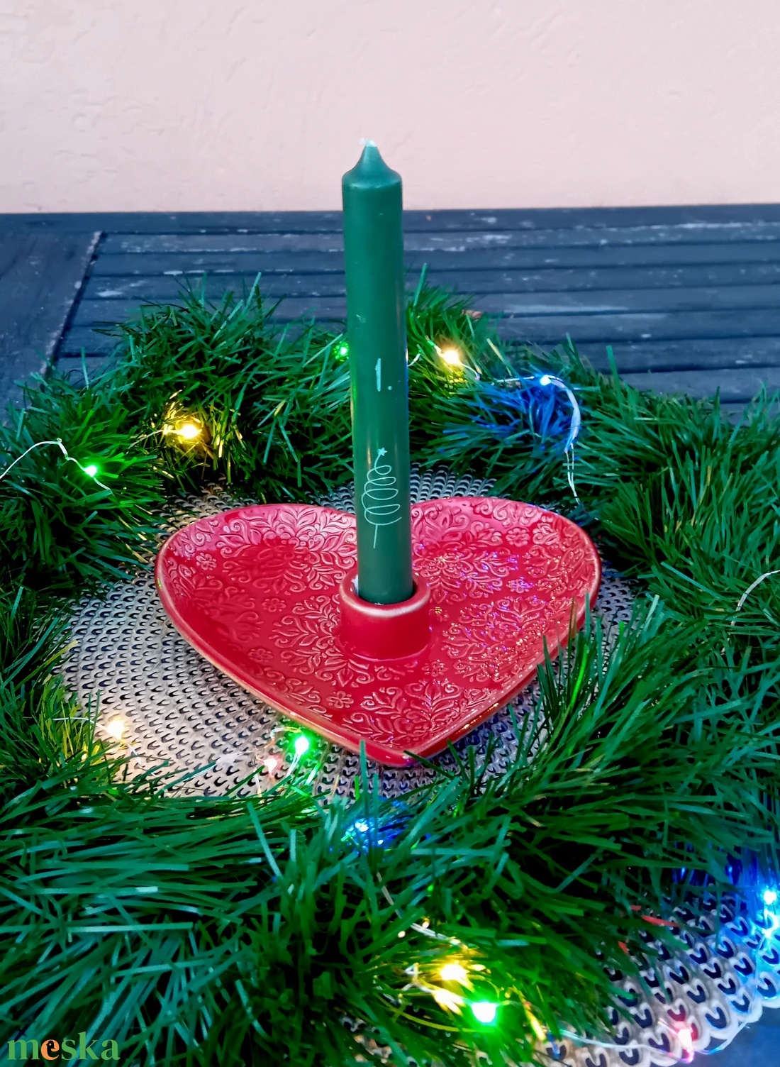 Szív alakú kerámia gyertyatartós tál, piros - karácsony - adventi díszek - adventi asztaldísz - Meska.hu