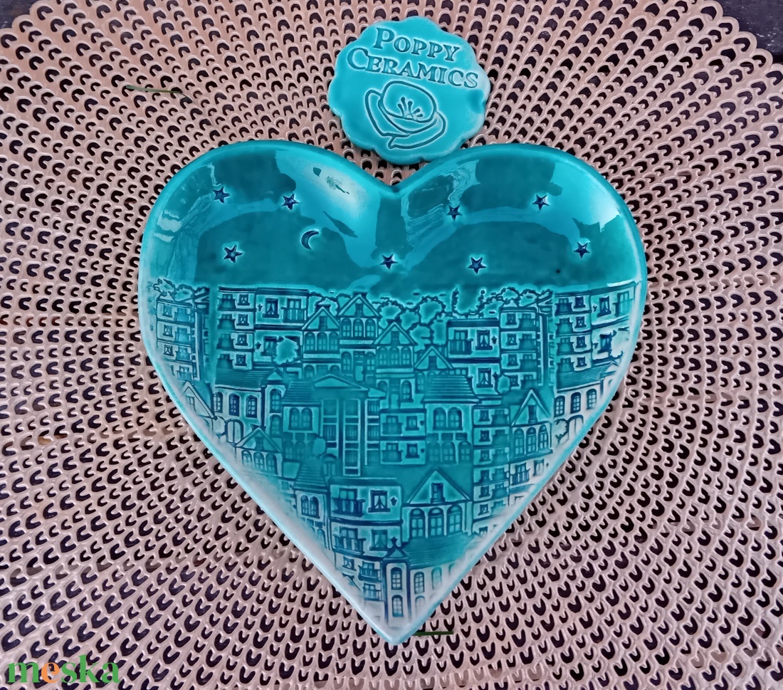 Ház mintás kerámia tál, türkiz - esküvő - dekoráció - asztaldísz - Meska.hu