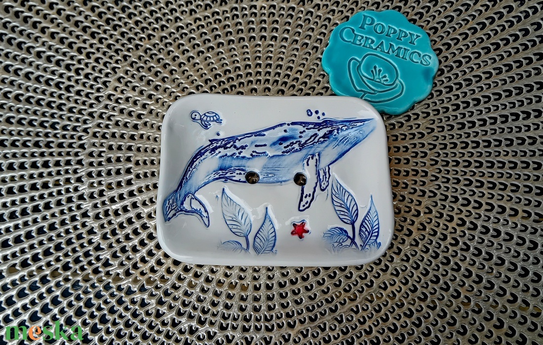 Bálna mintás kerámia szappantartó, kék-fehér, szögletes - otthon & életmód - fürdőszoba - szappantartó - Meska.hu