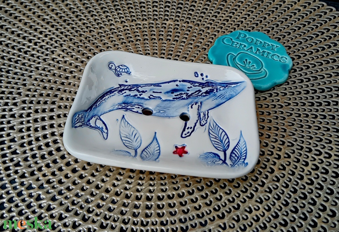 Bálna mintás kerámia szappantartó, kék-fehér, szögletes - otthon & életmód - fürdőszoba - szappantartó - Meska.hu