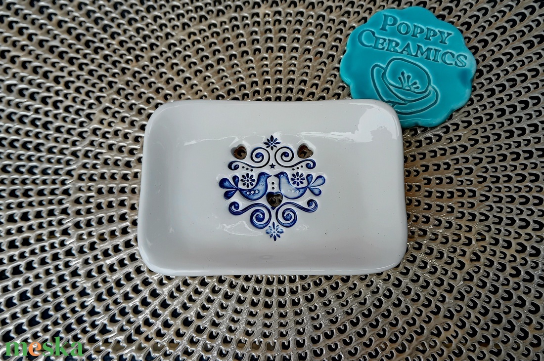 Kék madárka mintás kerámia szappantartó - otthon & életmód - fürdőszoba - szappantartó - Meska.hu
