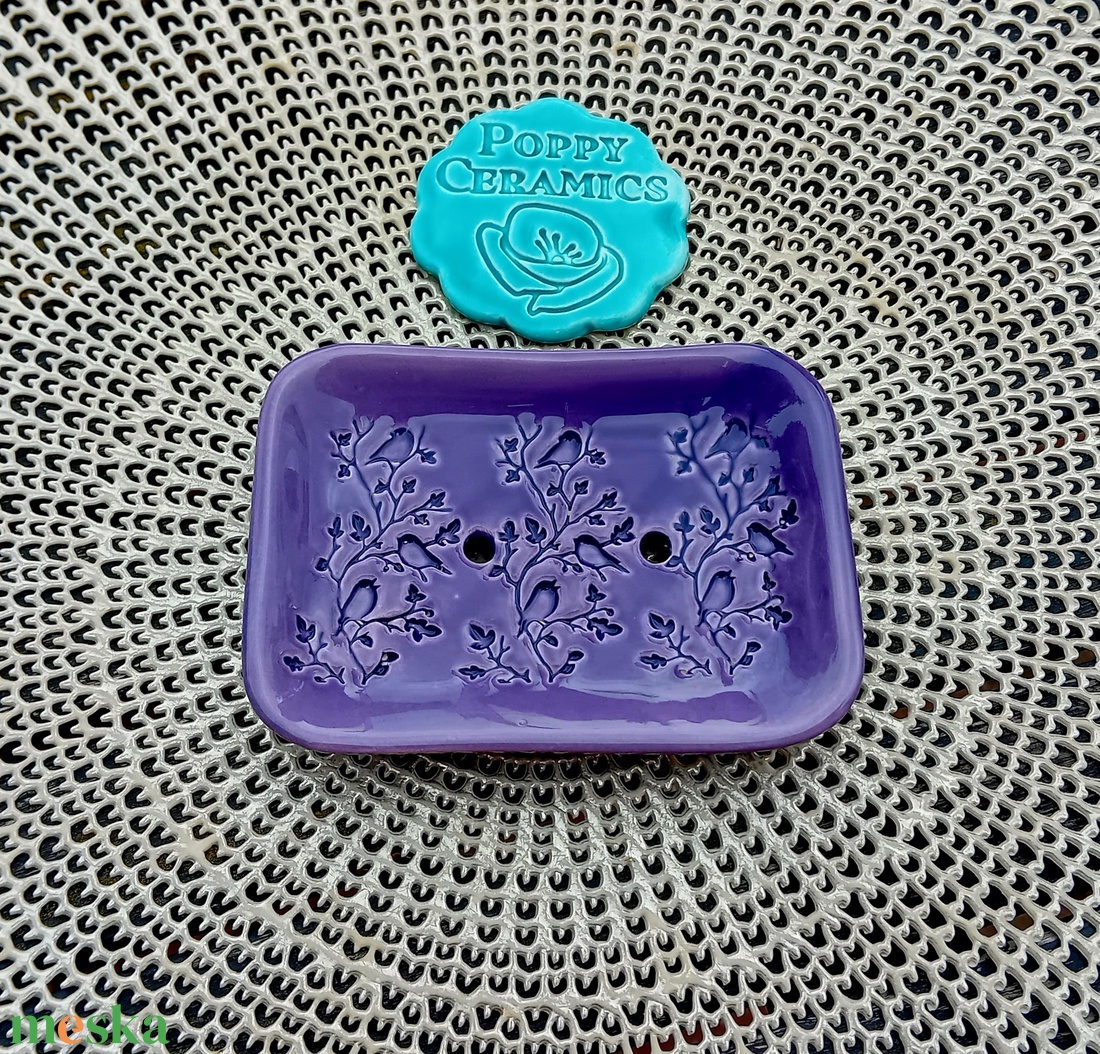 Madárka mintás kerámia szappantartó, lila - otthon & életmód - fürdőszoba - szappantartó - Meska.hu