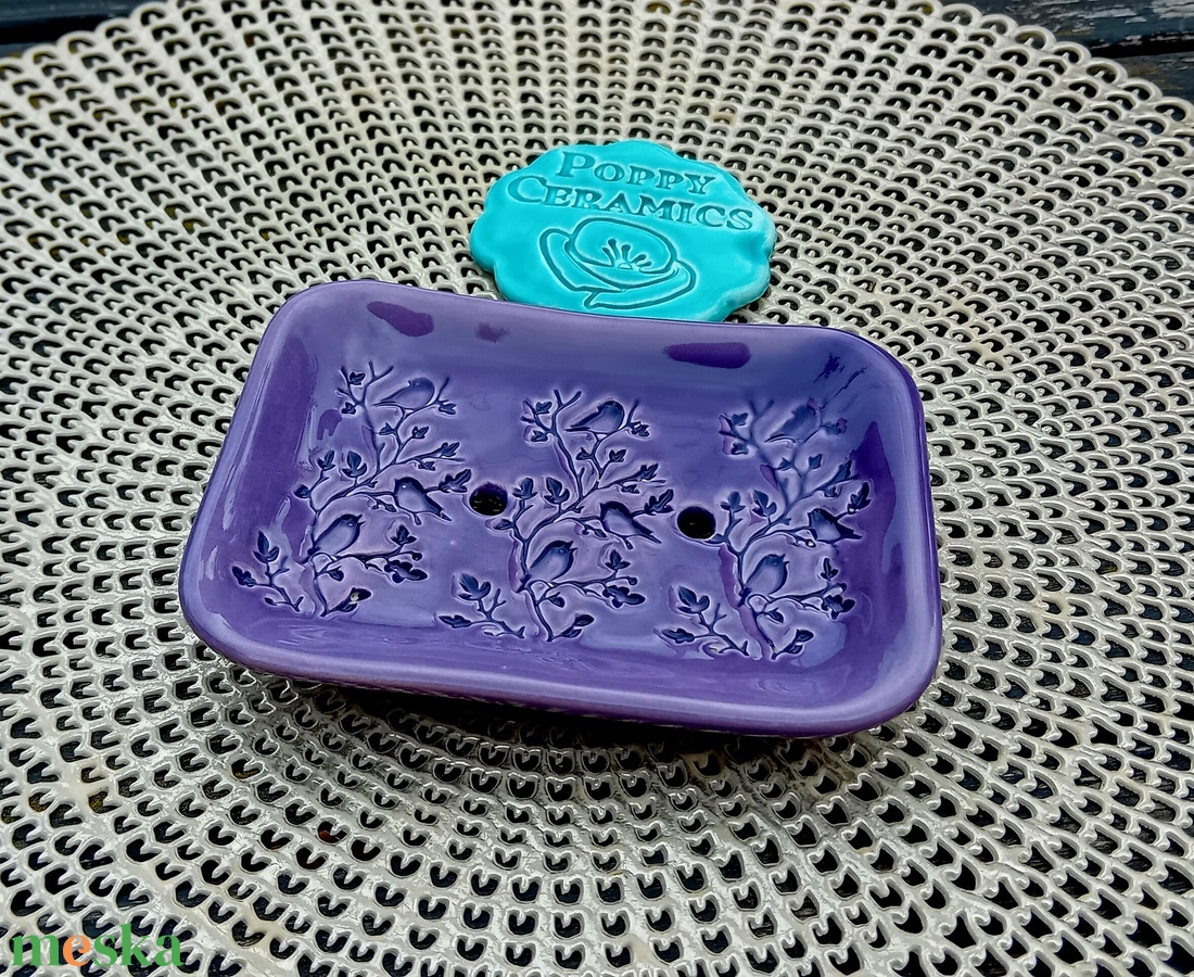 Madárka mintás kerámia szappantartó, lila - otthon & életmód - fürdőszoba - szappantartó - Meska.hu