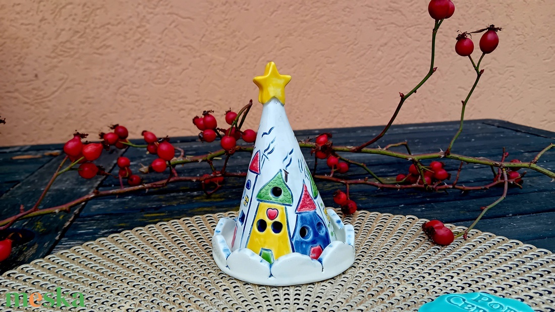 Házikó mintás kerámia mécsestartó - karácsony - adventi díszek - adventi asztaldísz - Meska.hu