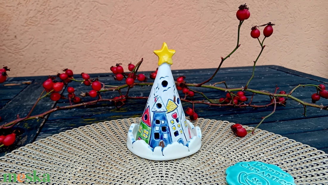 Házikó mintás kerámia mécsestartó - karácsony - adventi díszek - adventi asztaldísz - Meska.hu