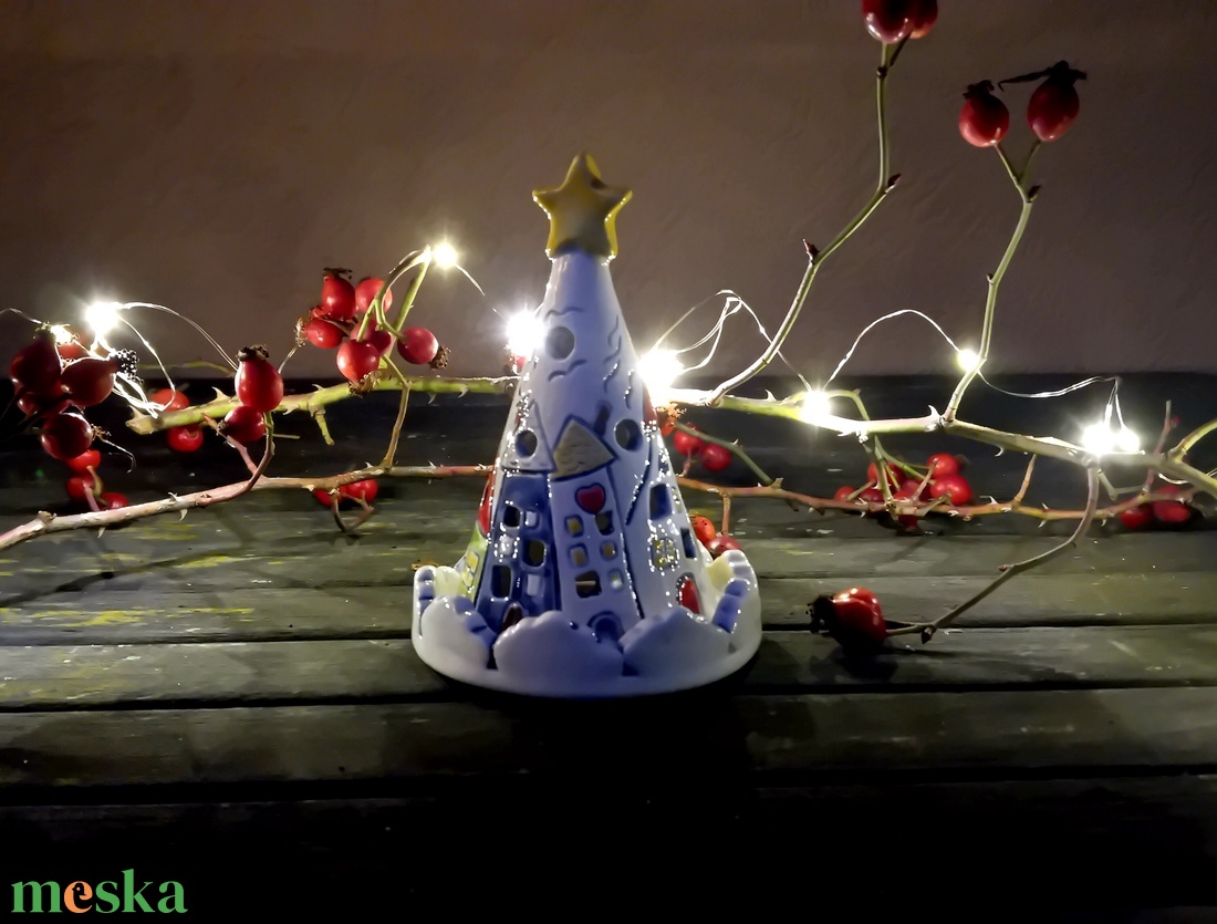 Házikó mintás kerámia mécsestartó - karácsony - adventi díszek - adventi asztaldísz - Meska.hu