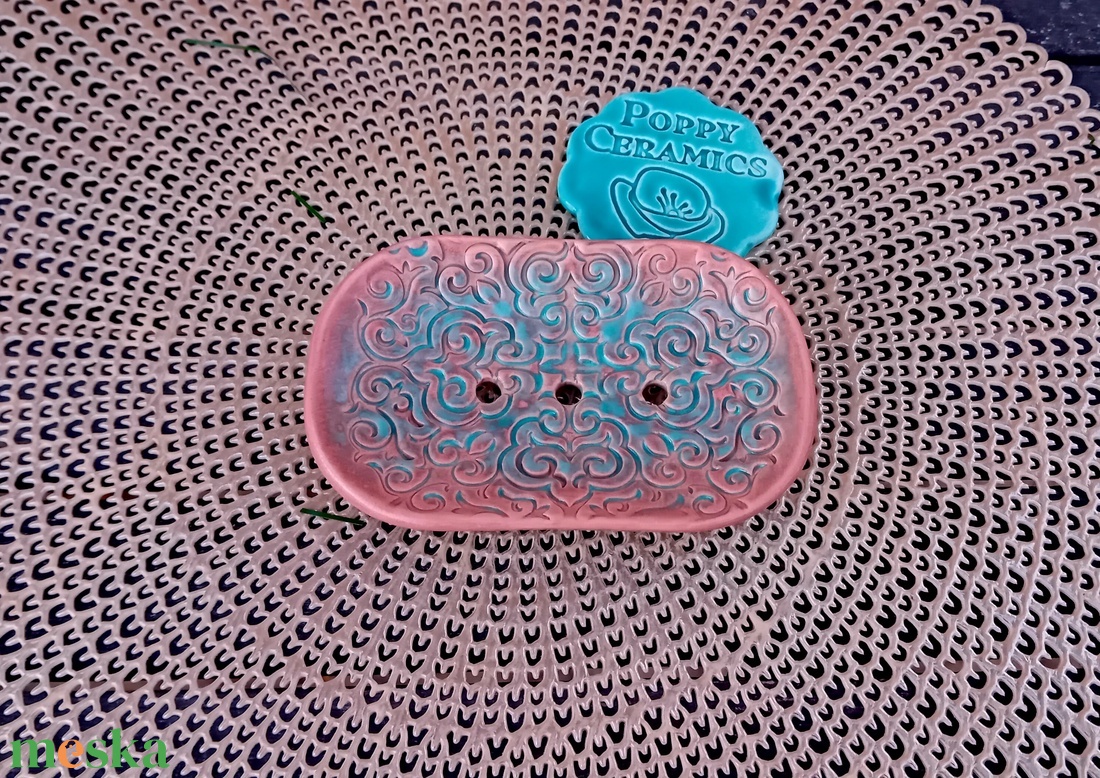 Türkiz-rózsaszín kerámia szappantartó - otthon & életmód - fürdőszoba - szappantartó - Meska.hu