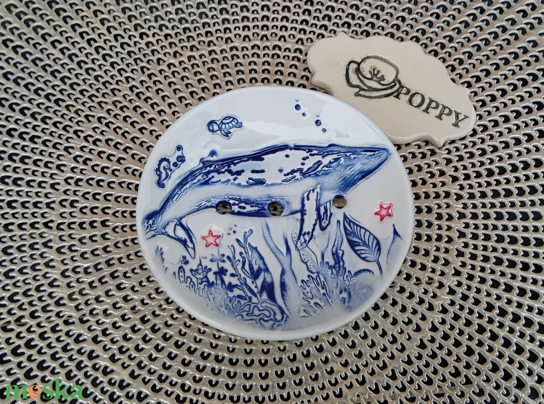 Bálna mintás  kerámia szappantartó, kék - otthon & életmód - fürdőszoba - szappantartó - Meska.hu