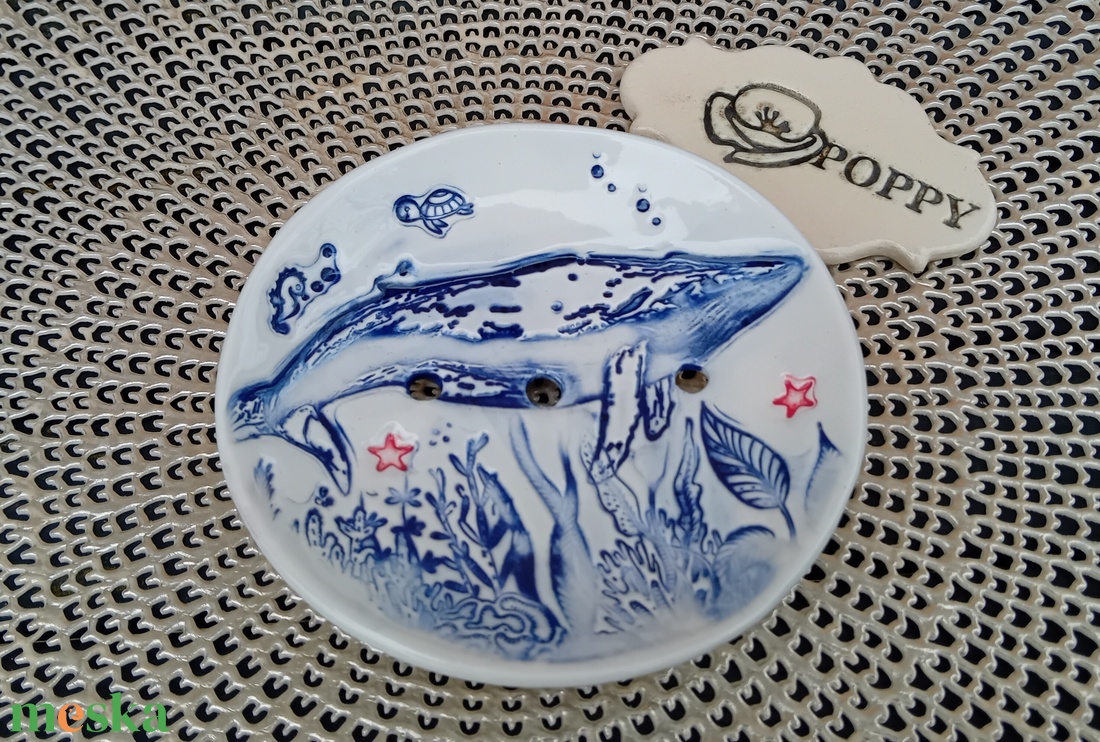 Bálna mintás  kerámia szappantartó, kék - otthon & életmód - fürdőszoba - szappantartó - Meska.hu
