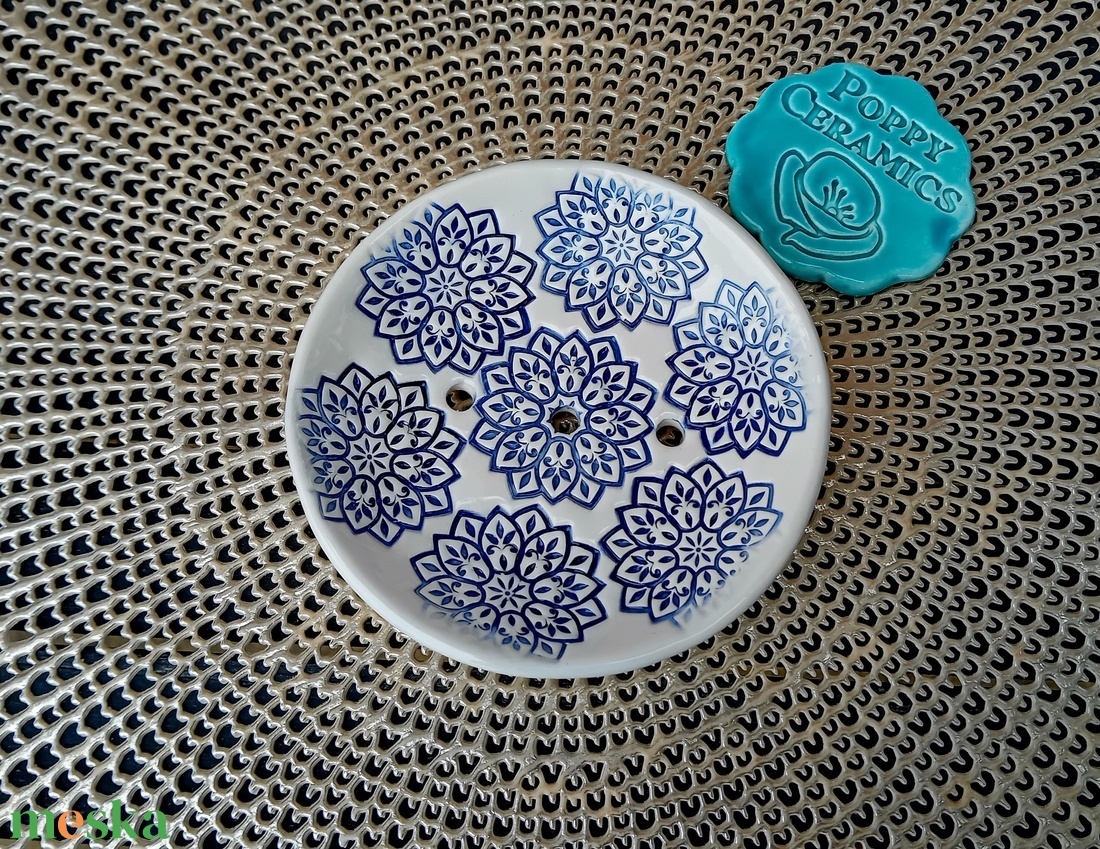 Mandala mintás  kerámia szappantartó, kék - otthon & életmód - fürdőszoba - szappantartó - Meska.hu