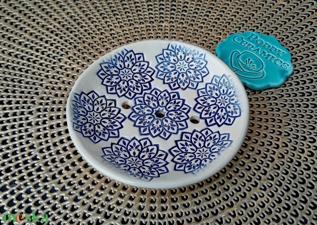 Mandala mintás  kerámia szappantartó, kék - otthon & életmód - fürdőszoba - szappantartó - Meska.hu