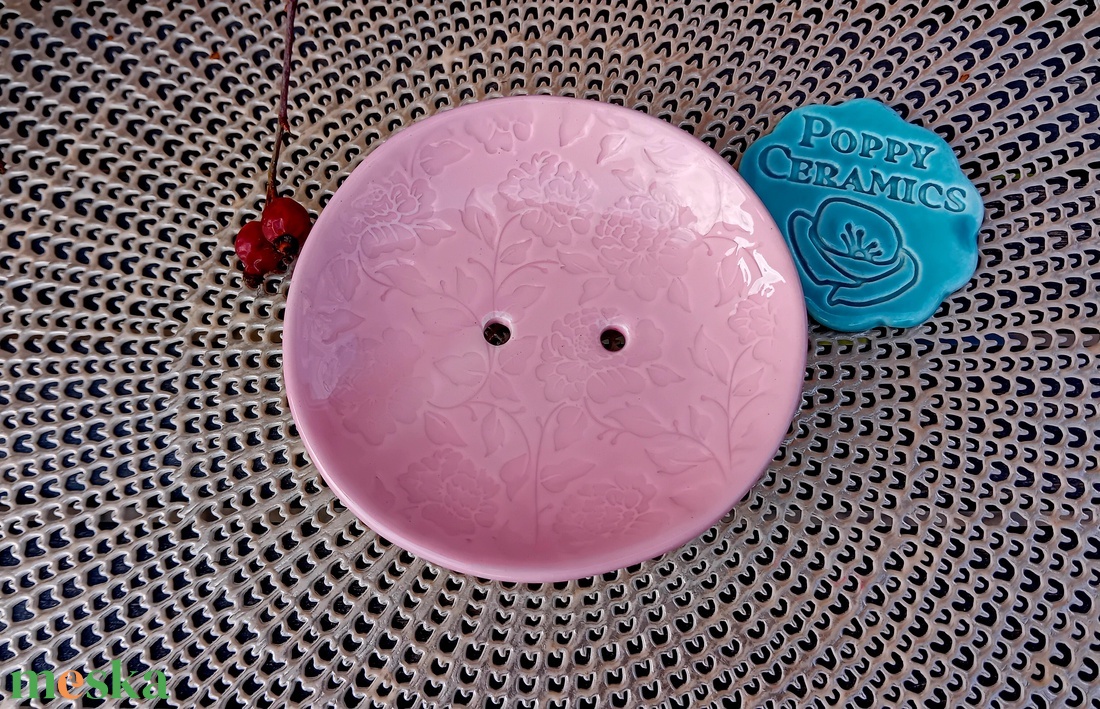 Rózsa mintás  kerámia szappantartó,  rózsaszín - otthon & életmód - fürdőszoba - szappantartó - Meska.hu