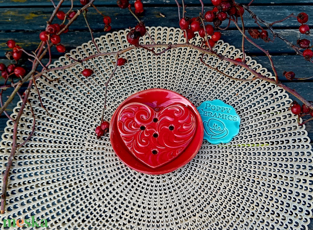 Szív mintás  kerámia szappantartó, 2részes - otthon & életmód - fürdőszoba - szappantartó - Meska.hu