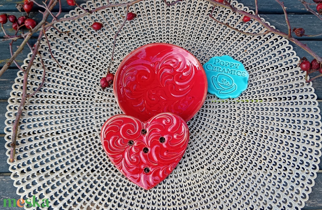 Szív mintás  kerámia szappantartó, 2részes - otthon & életmód - fürdőszoba - szappantartó - Meska.hu