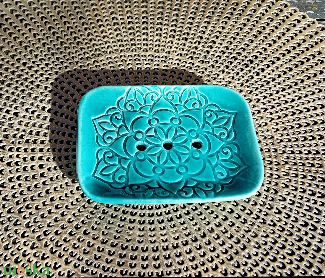 Mandala mintájú kerámia szappantartó, türkiz - otthon & életmód - fürdőszoba - szappantartó - Meska.hu