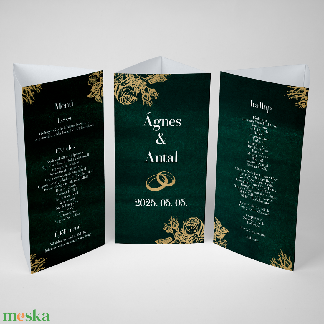 Smaragdzöld és arany színű esküvői menükártya (digitális termék) - esküvő - meghívó & kártya - menü - Meska.hu