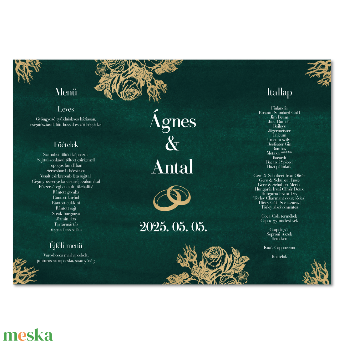 Smaragdzöld és arany színű esküvői menükártya (digitális termék) - esküvő - meghívó & kártya - menü - Meska.hu