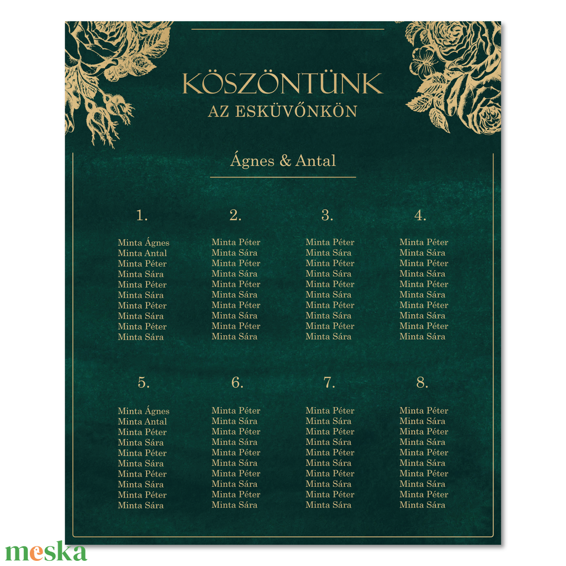 Smaragdzöld és arany színű ültetőtábla, ültetési rend (digitális termék) - esküvő - dekoráció - tábla & jelzés - Meska.hu