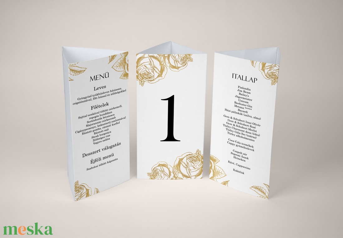 Esküvői menükártya asztalszámmal, arany színű rózsa mintával (digitális termék) - esküvő - meghívó & kártya - menü - Meska.hu