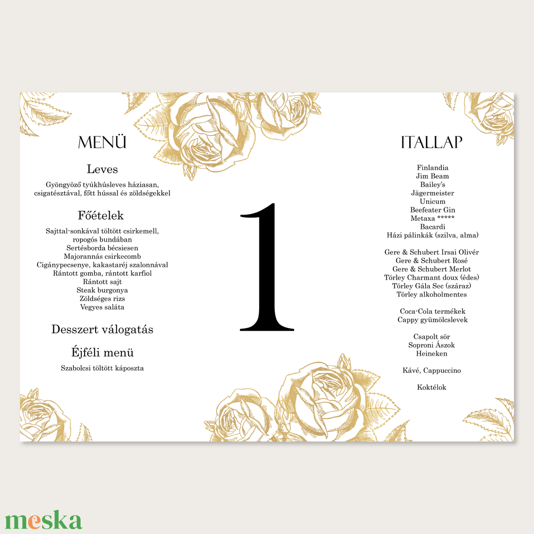 Esküvői menükártya asztalszámmal, arany színű rózsa mintával (digitális termék) - esküvő - meghívó & kártya - menü - Meska.hu