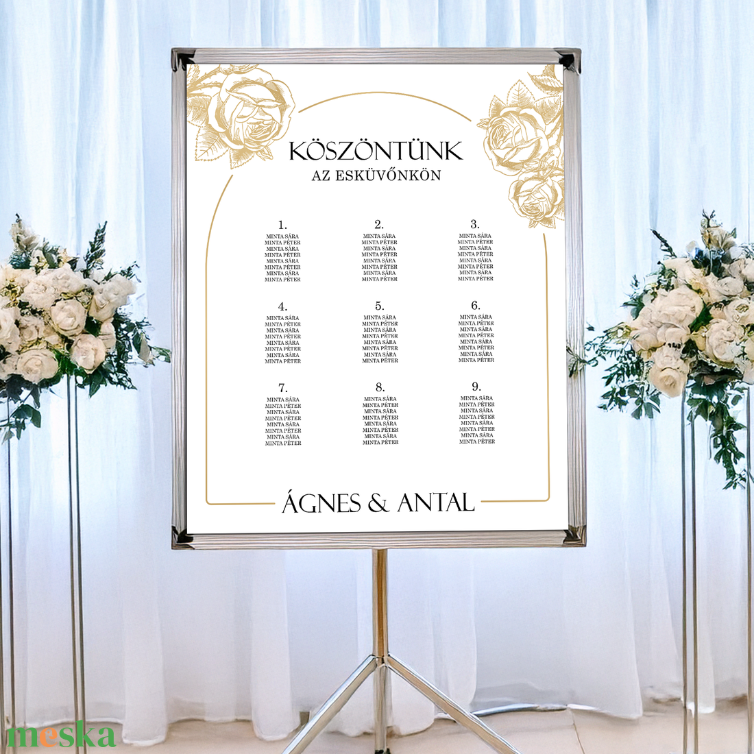 Esküvői ültetőtábla, ültetési rend arany színű rózsa mintával (digitális termék) - esküvő - dekoráció - tábla & jelzés - Meska.hu