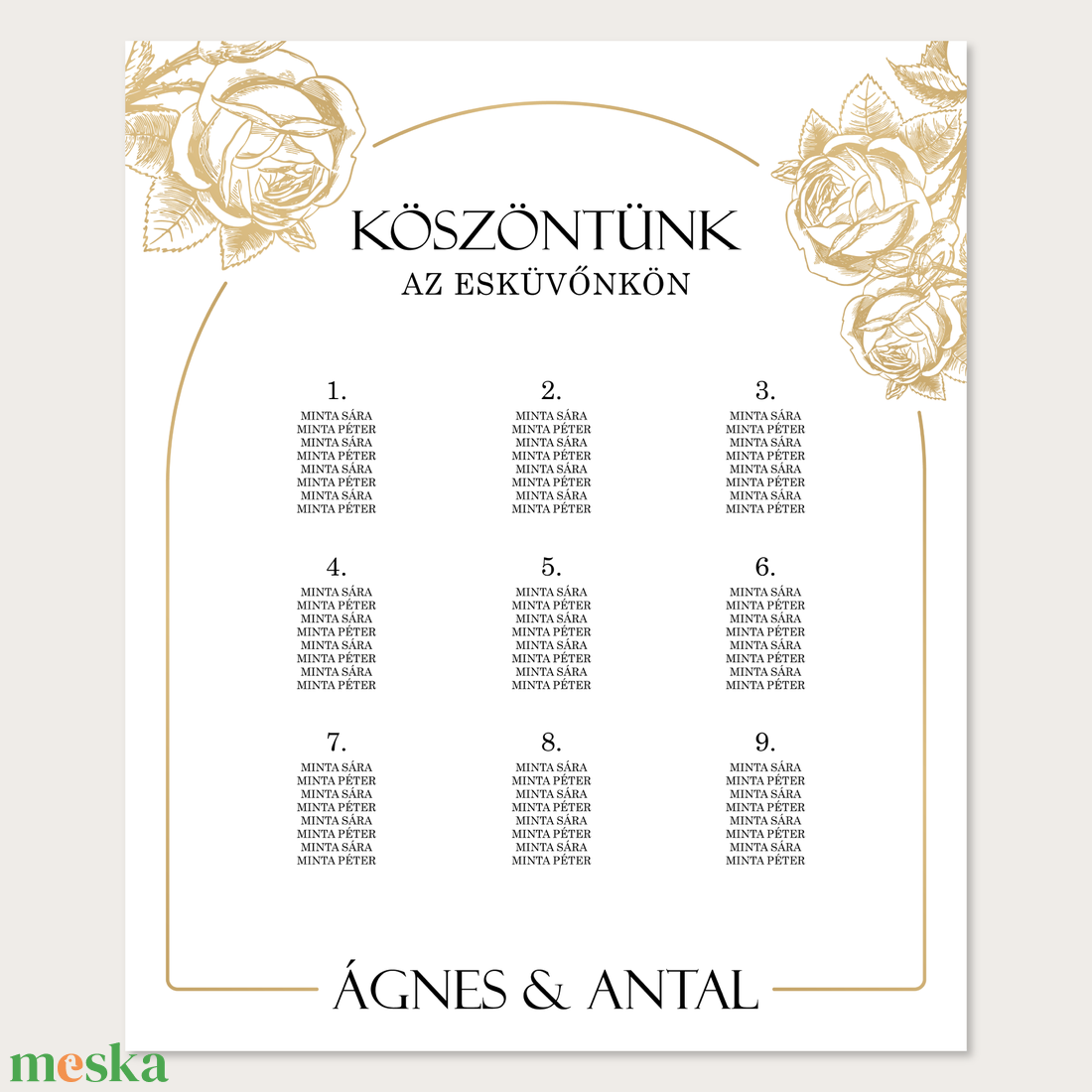 Esküvői ültetőtábla, ültetési rend arany színű rózsa mintával (digitális termék) - esküvő - dekoráció - tábla & jelzés - Meska.hu