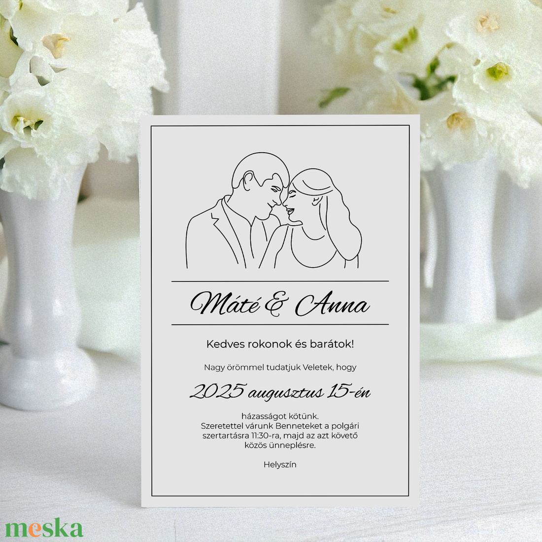 Egyedi esküvői meghívó fotó alapján készült vonalrajzzal (digitális termék) - esküvő - meghívó & kártya - meghívó - Meska.hu