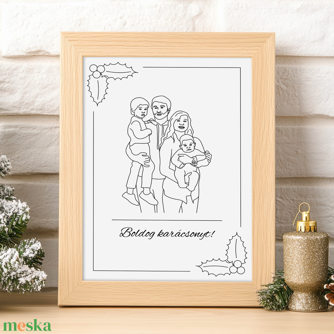 Családi portré karácsonyi keretben - Saját fotó alapján készült vonalrajz (digitális termék) - művészet - grafika & illusztráció - digitális - Meska.hu