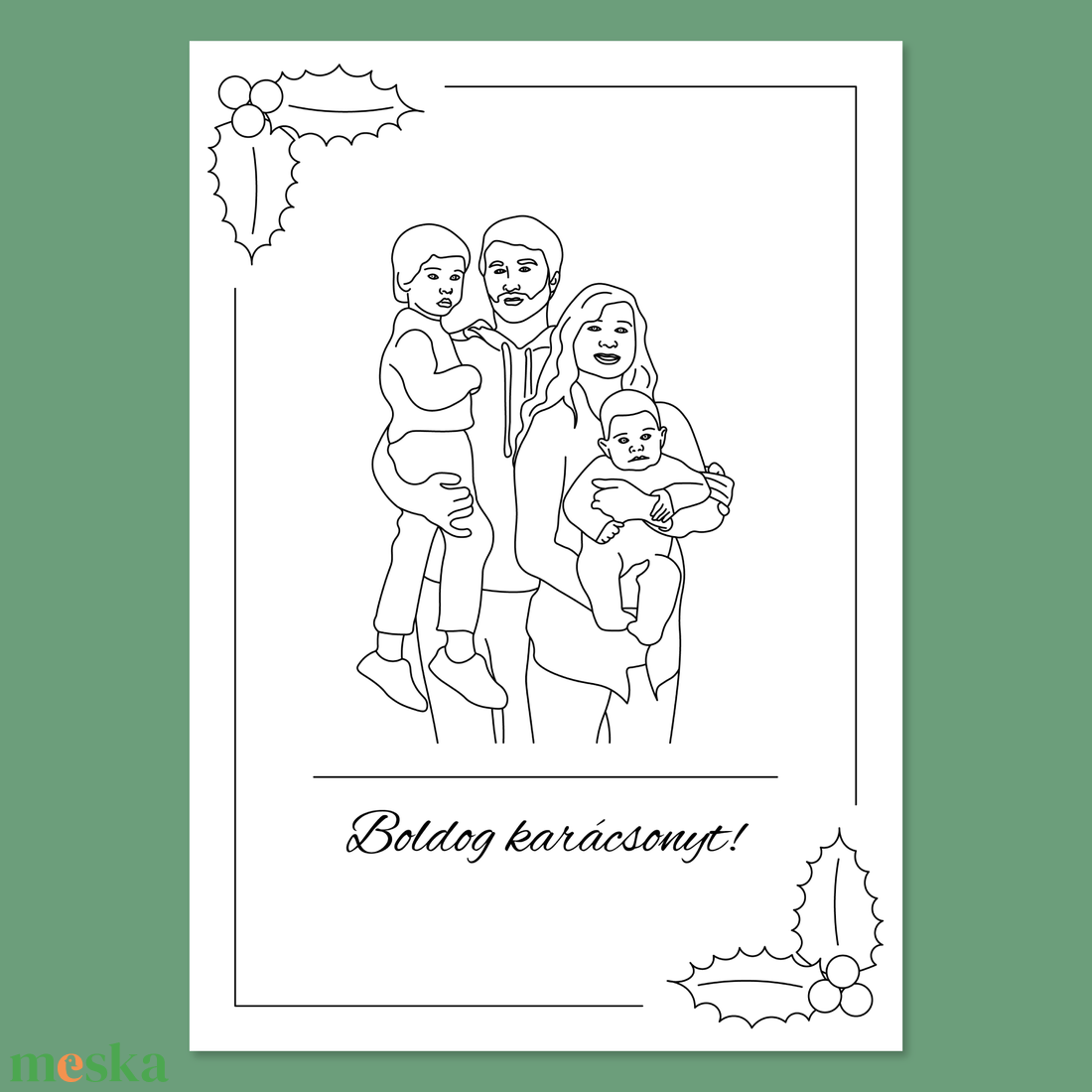 Családi portré karácsonyi keretben - Saját fotó alapján készült vonalrajz (digitális termék) - művészet - grafika & illusztráció - digitális - Meska.hu