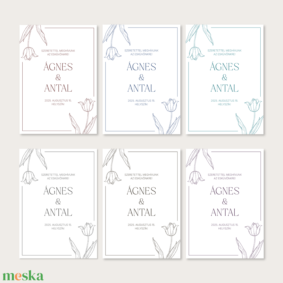 Nyomtatható esküvői meghívó tulipános mintával, világos alappal (digitális termék) - esküvő - meghívó & kártya - meghívó - Meska.hu
