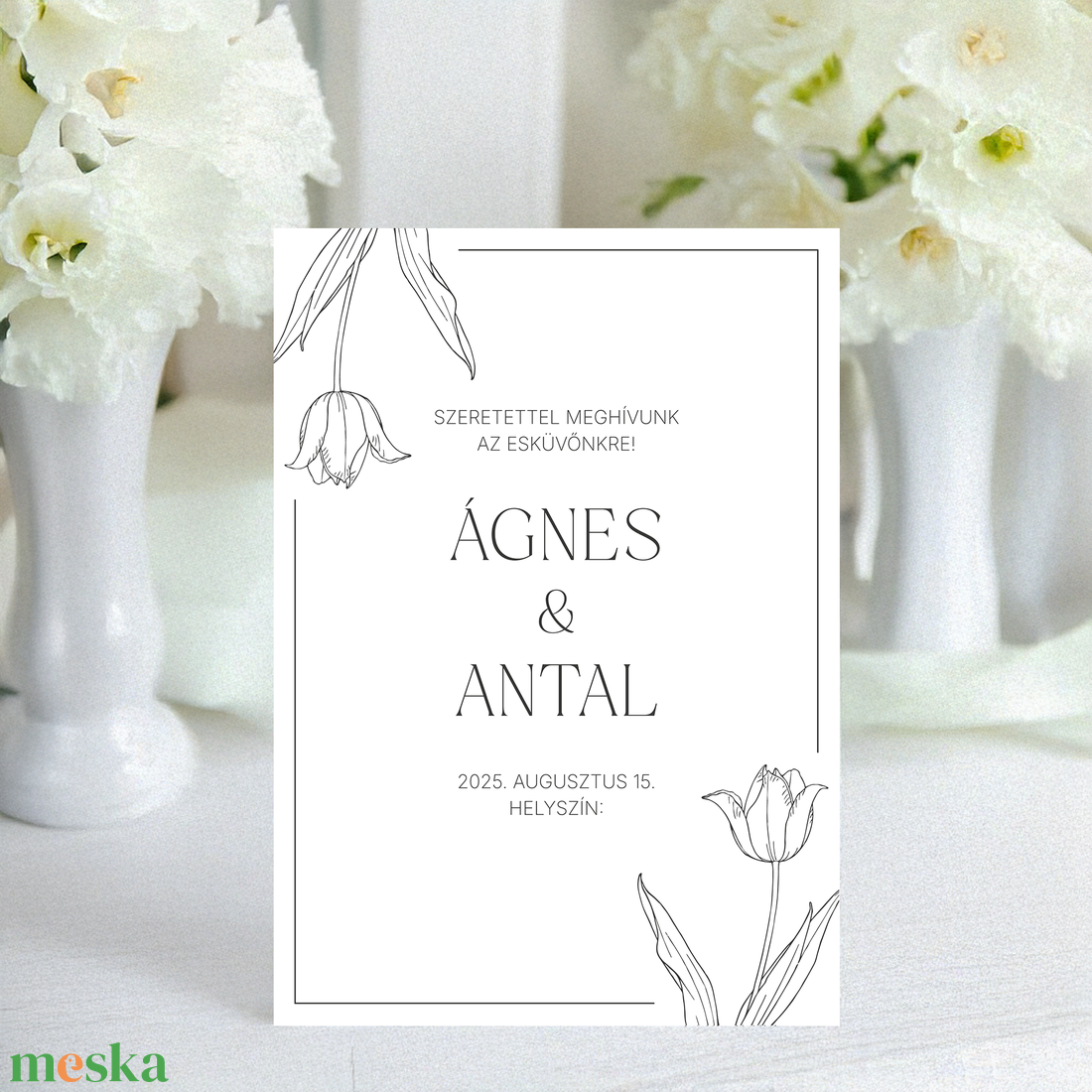 Nyomtatható esküvői meghívó tulipános mintával, világos alappal (digitális termék) - esküvő - meghívó & kártya - meghívó - Meska.hu