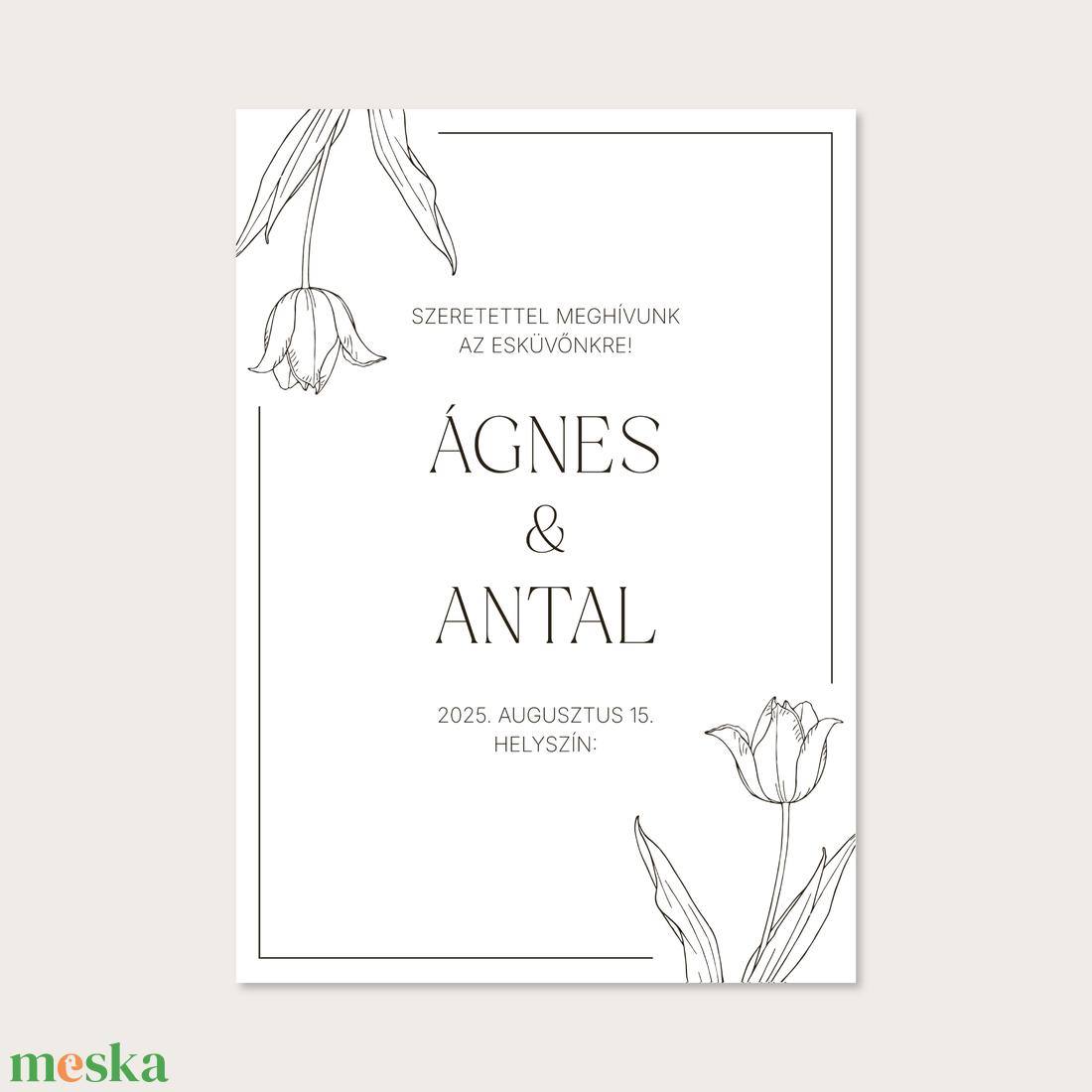Nyomtatható esküvői meghívó tulipános mintával, világos alappal (digitális termék) - esküvő - meghívó & kártya - meghívó - Meska.hu