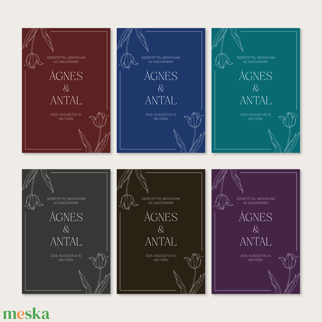 Nyomtatható esküvői meghívó tulipános mintával, sötét alappal (digitális termék) - esküvő - meghívó & kártya - meghívó - Meska.hu