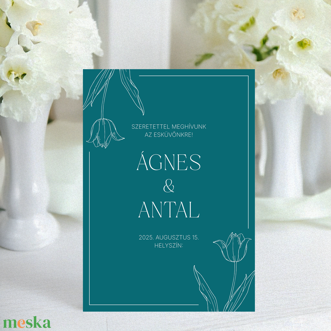 Nyomtatható esküvői meghívó tulipános mintával, sötét alappal (digitális termék) - esküvő - meghívó & kártya - meghívó - Meska.hu