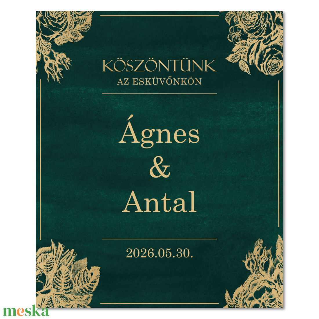 Smaragdzöld és arany színű üdvözlőtábla esküvőre (digitális termék) - esküvő - dekoráció - tábla & jelzés - Meska.hu