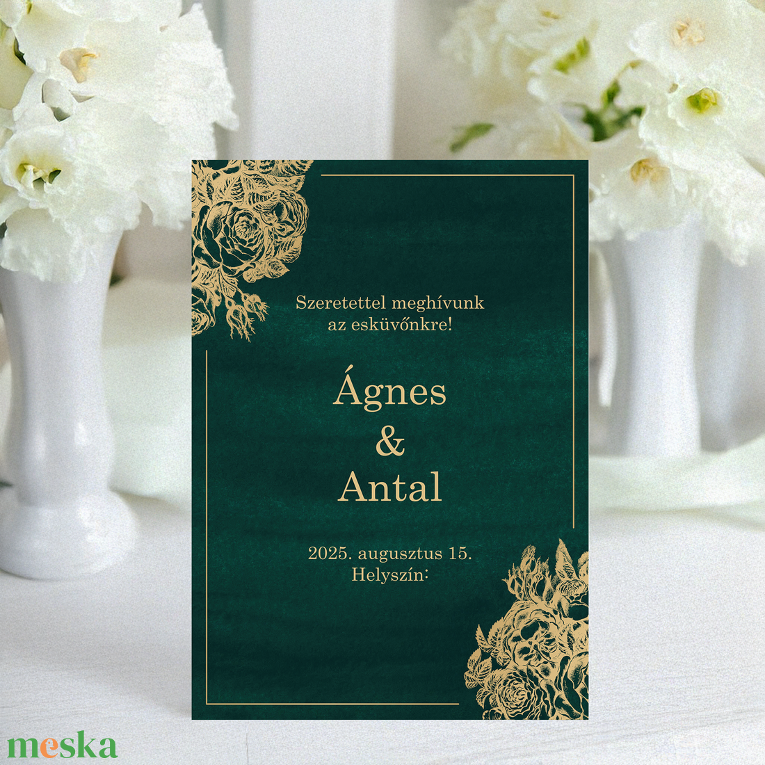 Nyomtatható smaragd és arany színű esküvői meghívó (digitális termék) - esküvő - meghívó & kártya - meghívó - Meska.hu