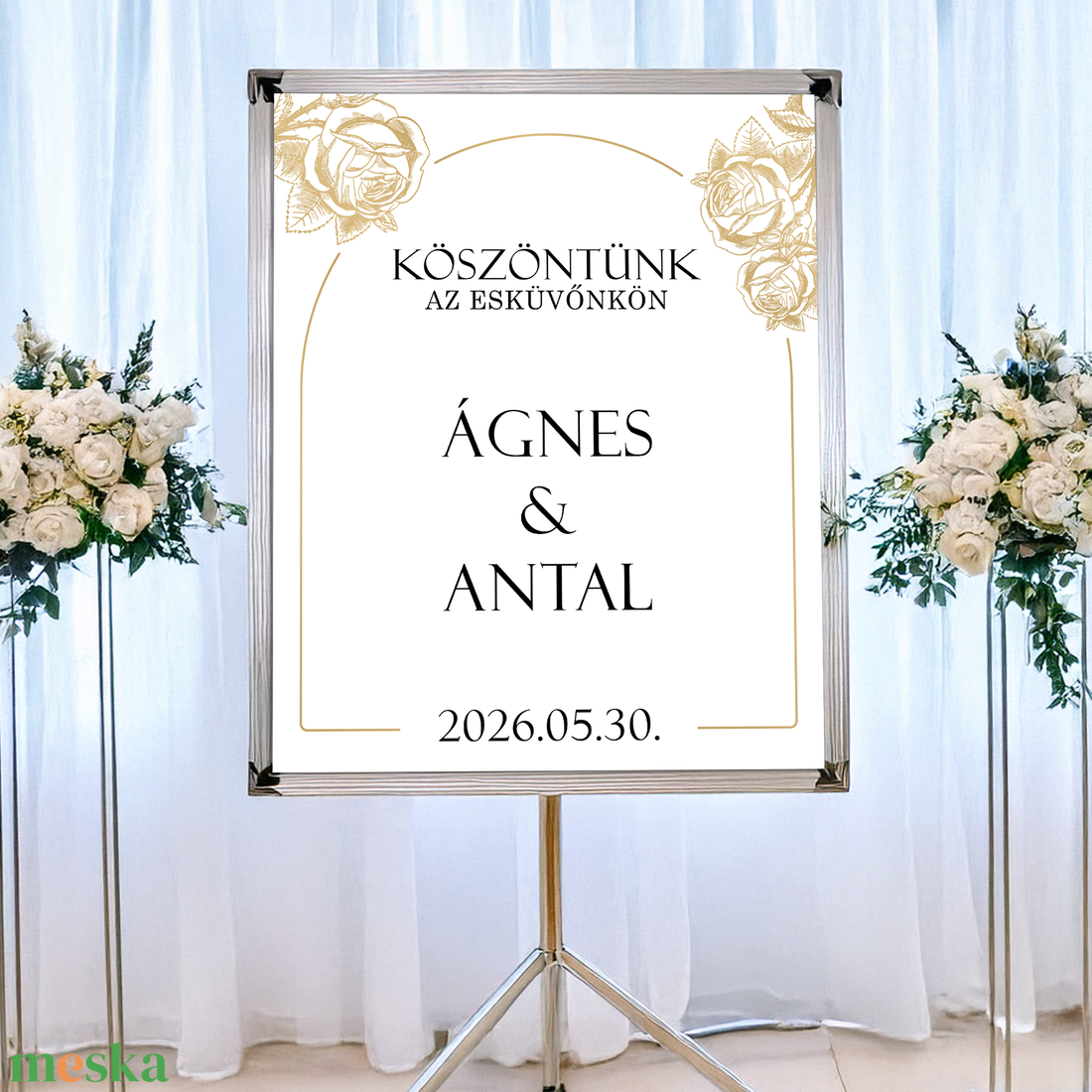 Esküvői üdvözlőtábla arany színű rózsamintával (digitális termék) - esküvő - dekoráció - tábla & jelzés - Meska.hu