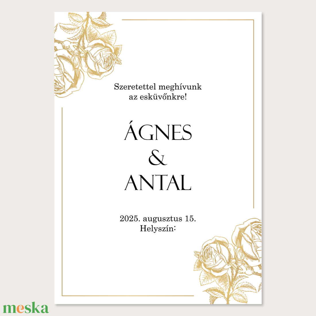 Nyomtatható esküvői meghívó arany színű rózsamintával (digitális termék) - esküvő - meghívó & kártya - meghívó - Meska.hu