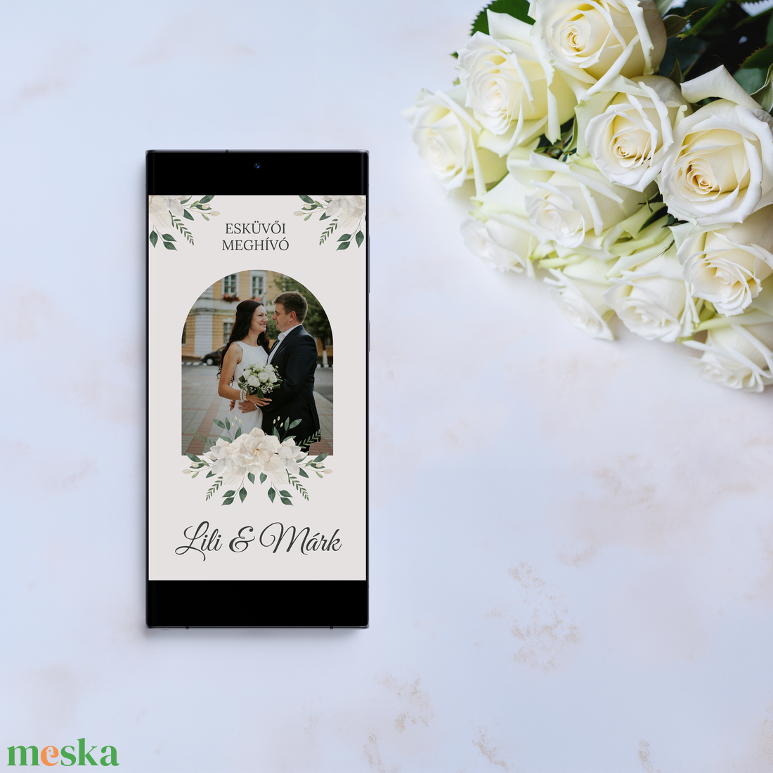 Digitális animált esküvői meghívó fehér virágokkal és saját fotóval - esküvő - meghívó & kártya - meghívó - Meska.hu