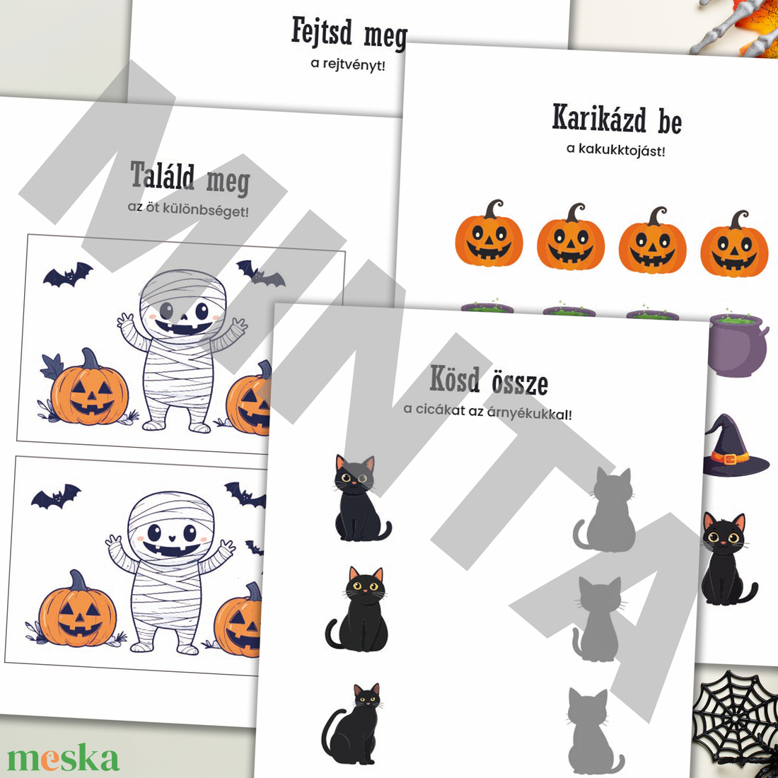 Nyomtatható Halloween foglalkoztató feladatok színezővel (digitális termék) - otthon & életmód - dekoráció - halloween - halloweeni meghívó, képeslap, ajándékkísérő - Meska.hu