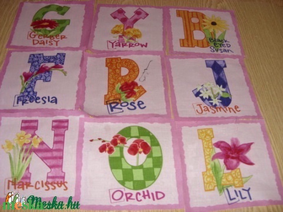 Virág ABC - Betűblokk  -  rózsaszín  15 x 15 cm minőségi textil  USA design  - kellékek & szerszámok - méteráru - vászon - pamutvászon - Meska.hu