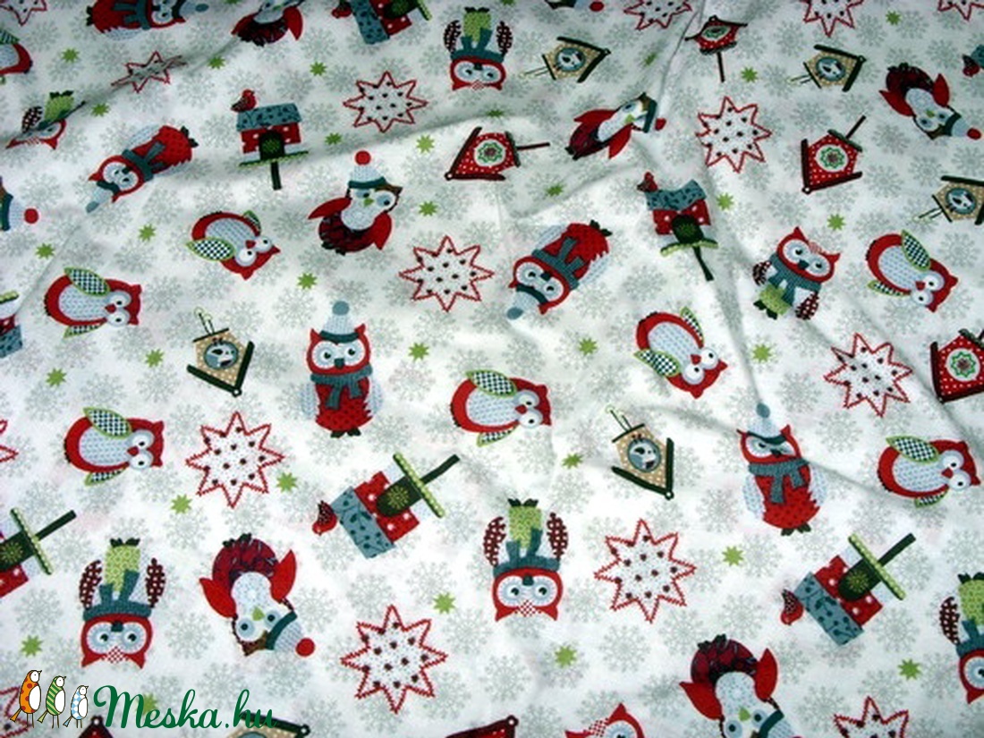 Karácsonyi baglyos és más mintás német design textil 70 x 30 cm  - kellékek & szerszámok - méteráru - pamut - Meska.hu
