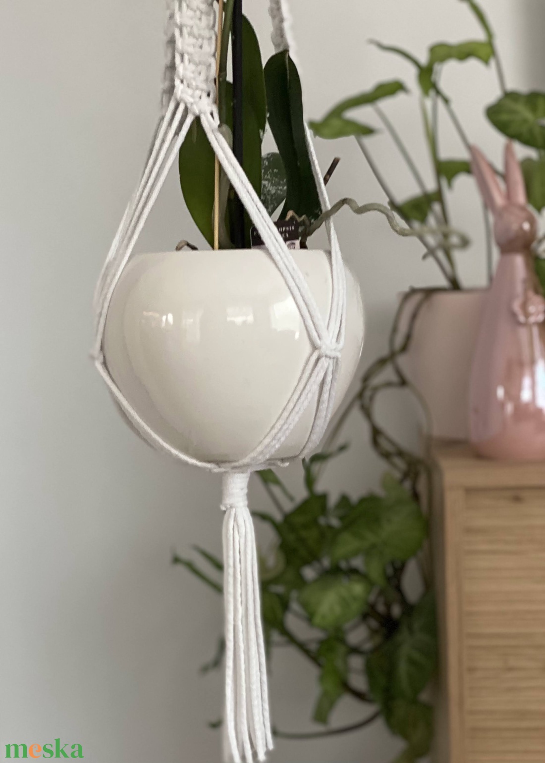 Virágtartó, makramé, fehér - otthon & életmód - virágdekoráció - virágtartó - függő virágtartó - Meska.hu