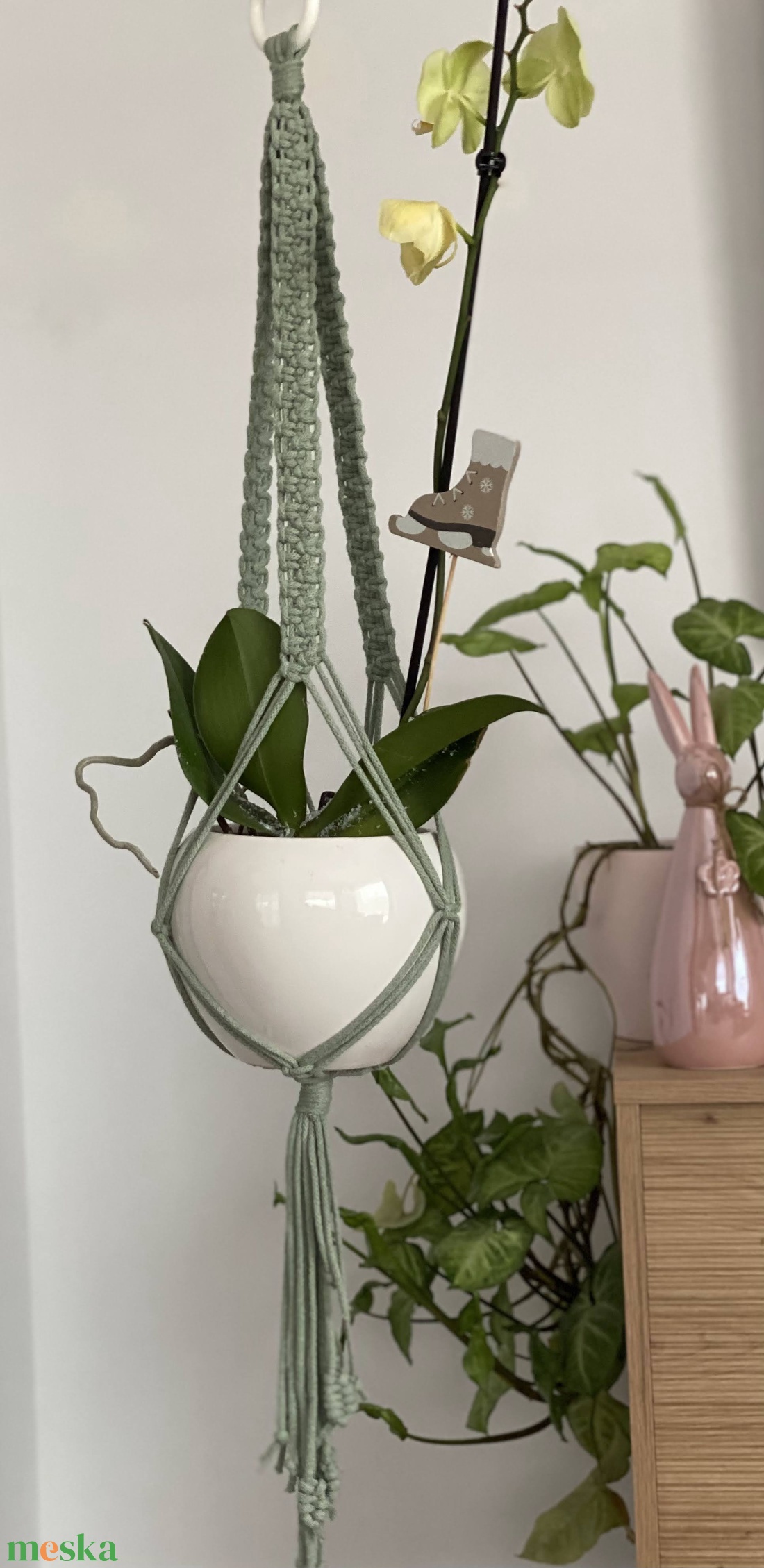 Virágtartó, makramé, almazöld - otthon & életmód - virágdekoráció - virágtartó - függő virágtartó - Meska.hu