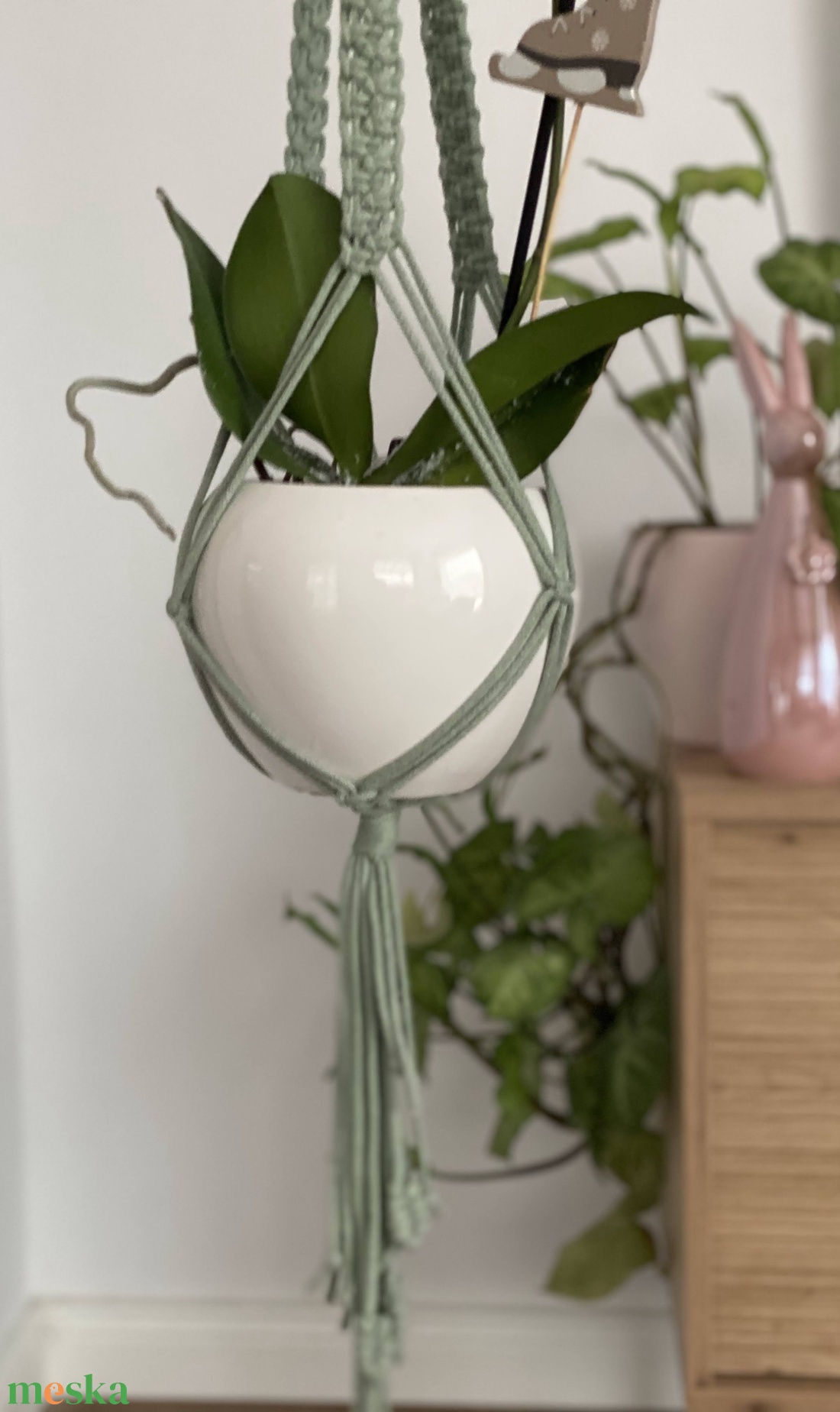 Virágtartó, makramé, almazöld - otthon & életmód - virágdekoráció - virágtartó - függő virágtartó - Meska.hu
