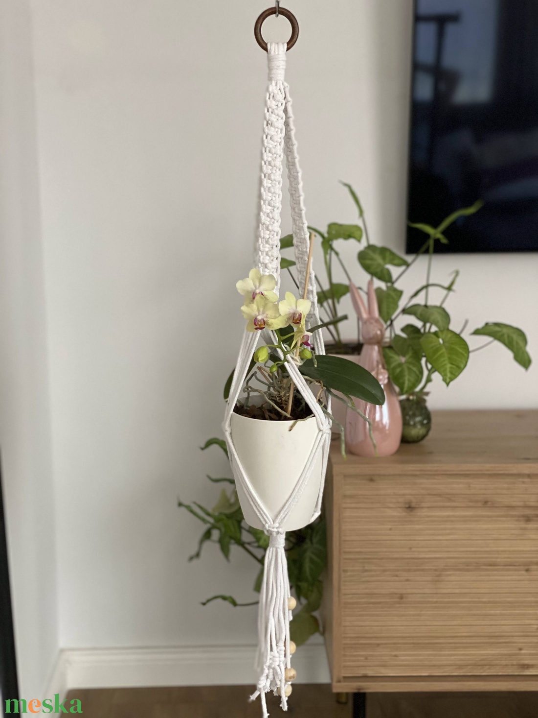 Virágtartó, makramé, fehér - otthon & életmód - virágdekoráció - virágtartó - függő virágtartó - Meska.hu