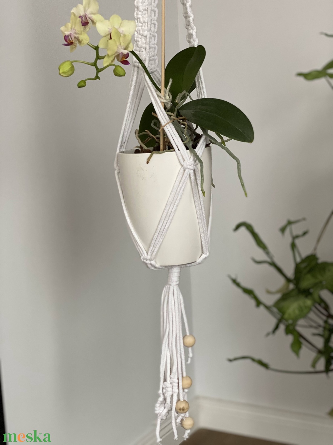 Virágtartó, makramé, fehér - otthon & életmód - virágdekoráció - virágtartó - függő virágtartó - Meska.hu